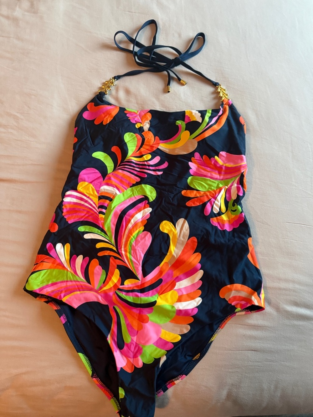 Black One-Piece Swimsuit with Neon Floral Print